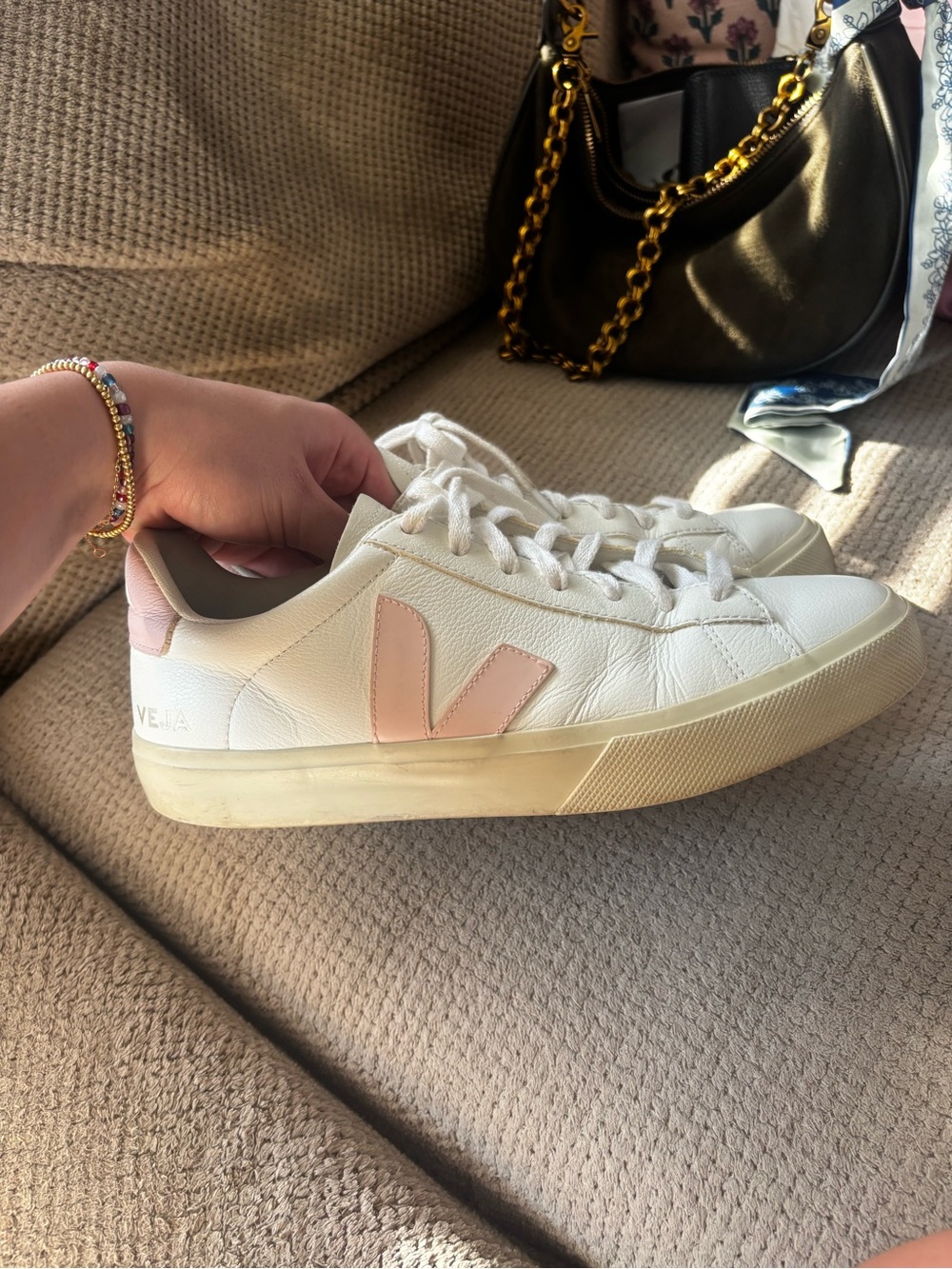 Veja Leather Lace-Up Sneakers with Pink Accent - Picture 3 of 5